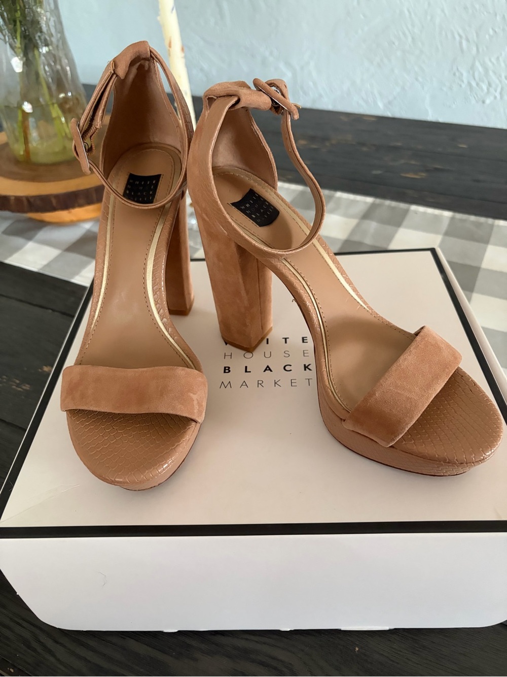 White House Black Market Emma Block Suede Tan High Heels